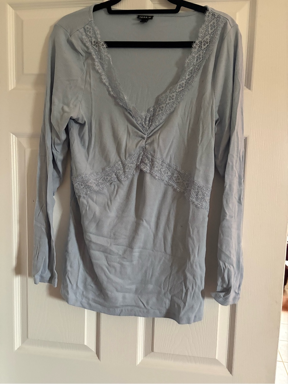 Light Blue Lace Trim Long Sleeve Top